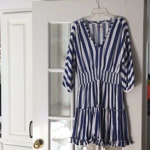 Sundays tiered royal blue and white striped dress